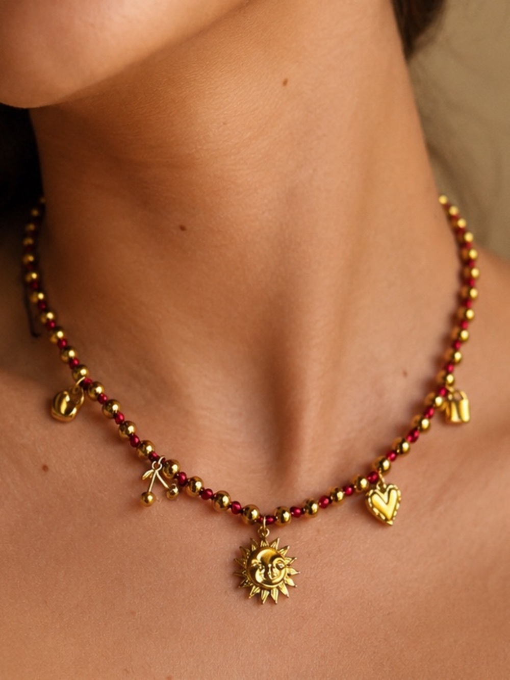 Red Sun Charm Beaded Necklace Summer Vibes